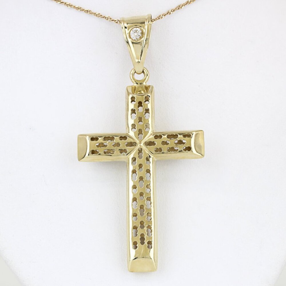 10k Yellow Gold Hollow Punched Cross Religious Pendant w/ CZ Cubic Zirconia